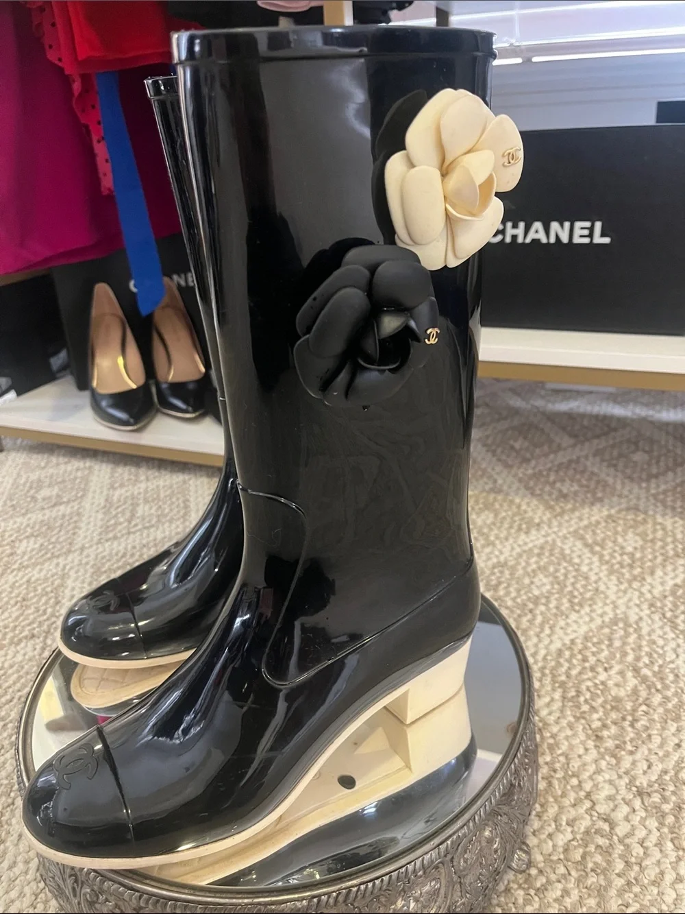 Authentic CHANEL Black Patent Rain Boots with Black and Cream Camellia